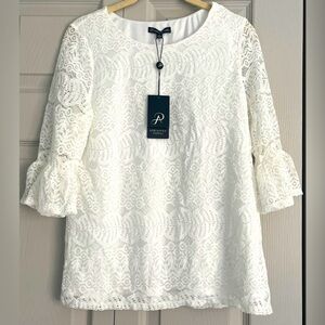 Adrianna Papell White Lace 3/4 Sleeve Knit Blouse Work Office Top Size Small NWT